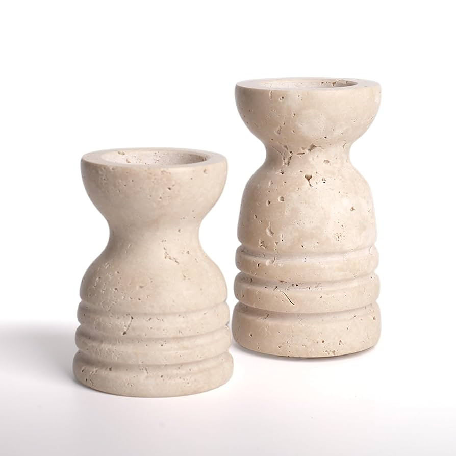 WORHE Candle Holders Italy True Natural Travertine Stone Set of 2 Premium Marble Candlestick Hold... | Amazon (US)