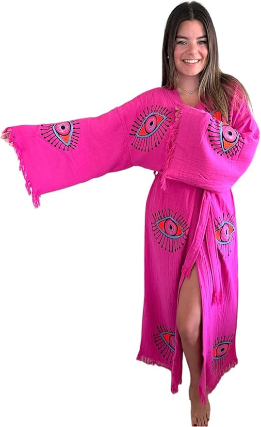 Handmade Evil Eye Kimono - Fuchsia Festival Women Clothing - Bohemian Robe - Boho Cotton Cardigan... | Amazon (US)