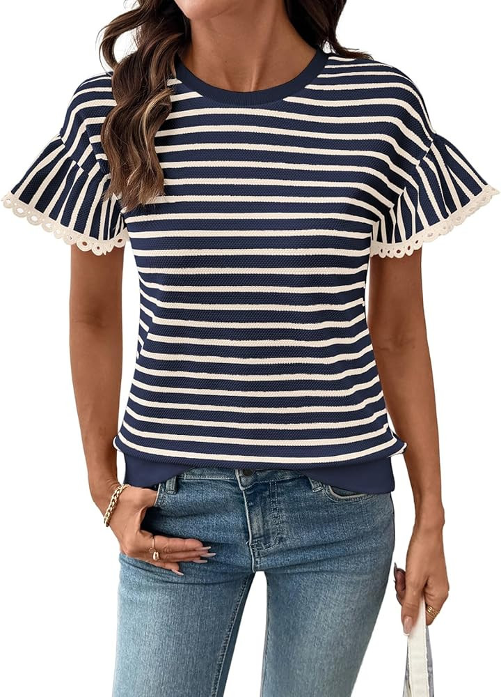 SHEWIN Women Summer Loose Fit Tops Trendy Rib Knit Stripe Shirt Business Dressy Casual 2026 | Amazon (US)