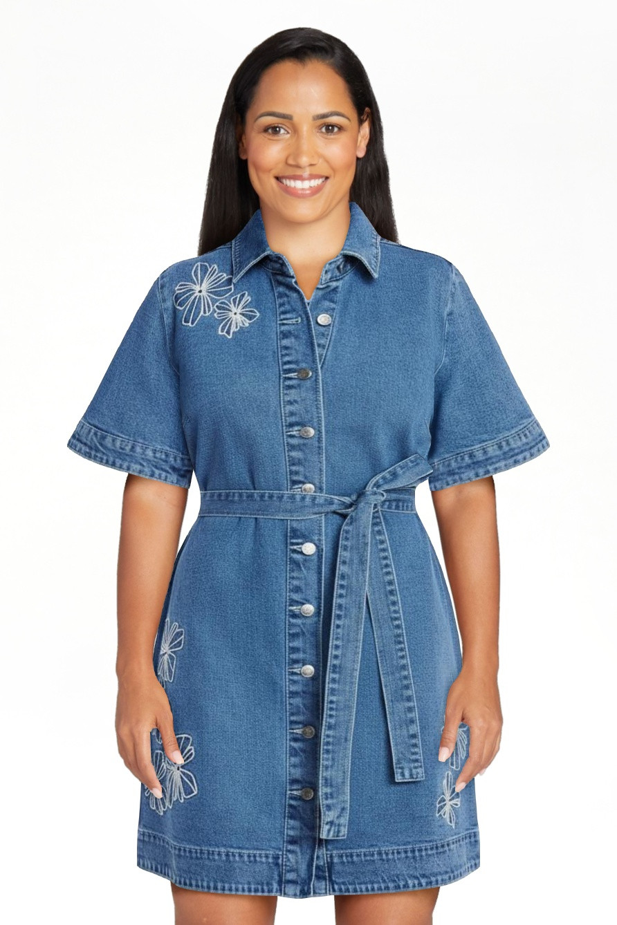 Free Assembly Women's and Women's Plus Embroidered Denim Mini Shirtdress with Belt, Sizes XS-4X | Walmart (US)