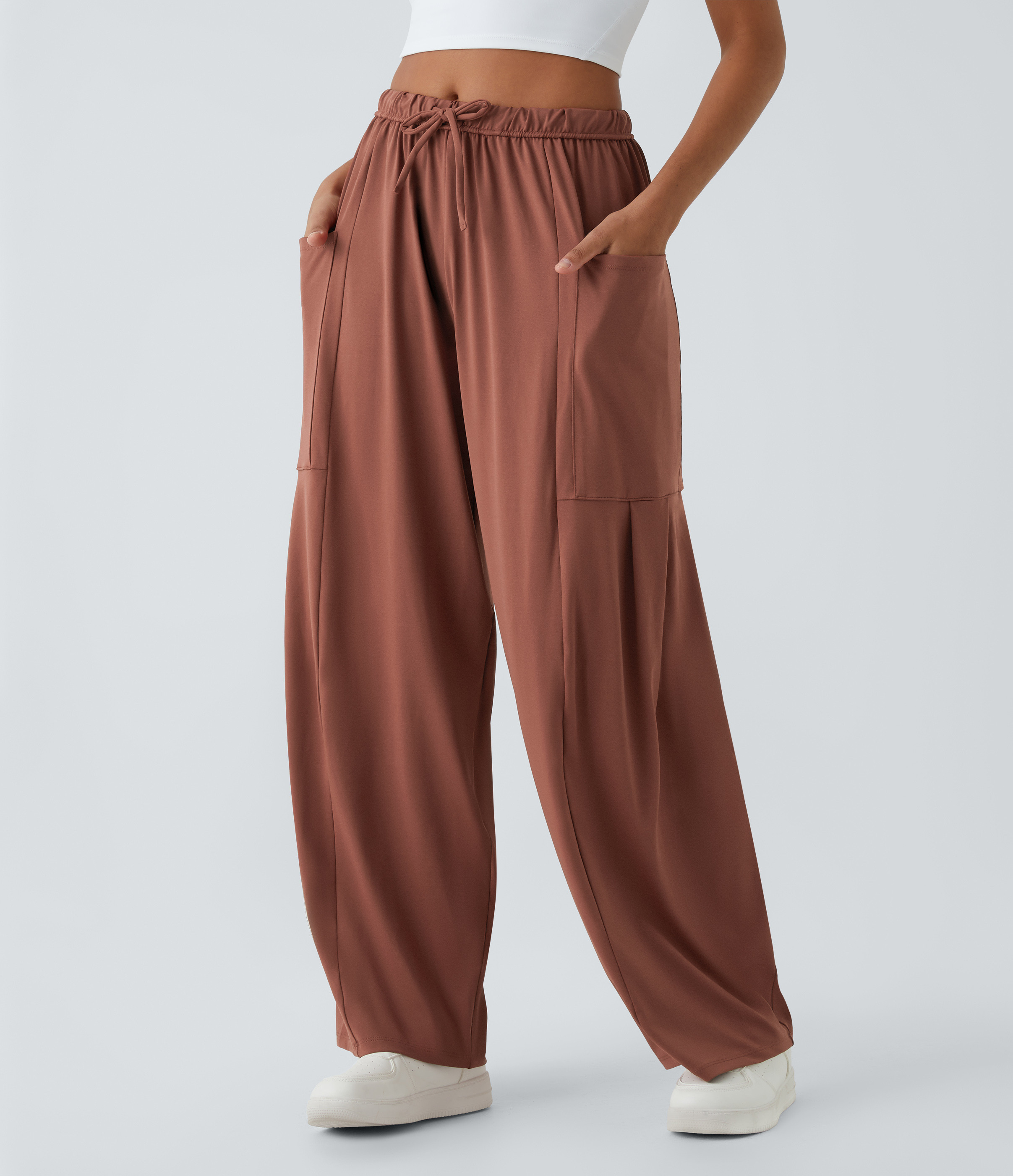 Halara Mid Rise Elastic Waistband Drawstring Pocket Palazzo Flowy Wide Leg Casual Pants - Maple Syrup - XL(petite) sweatpants jogger pants | HALARA
