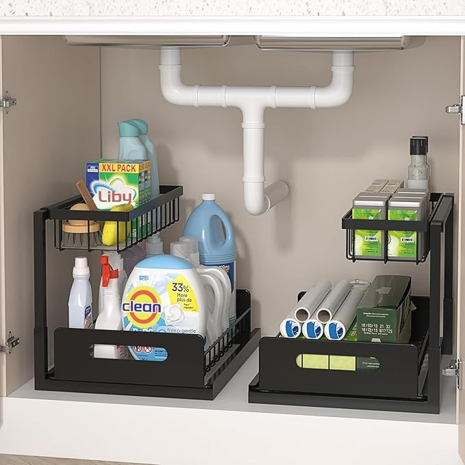 Under Sink Organizers, 2 Pack Metal Pull Out Under Sink Organizers and Storage Shelves with Slidi... | Amazon (US)