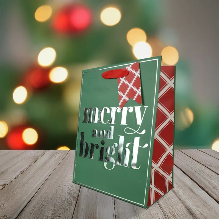 Medium Green Merry and Bright Christmas Paper Gift Bag, 7.5" x 4.5" x 9.88", by Holiday Time | Walmart (US)