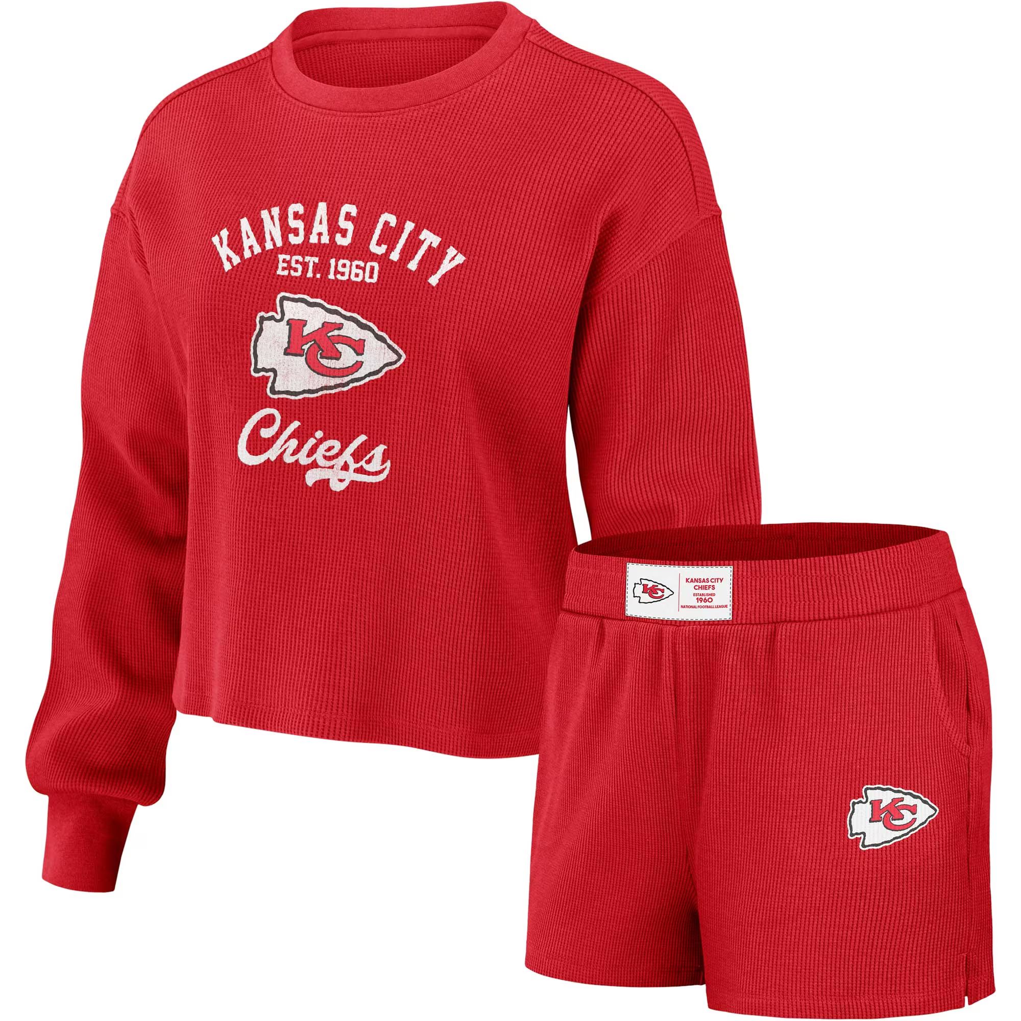 Women's Kansas City Chiefs WEAR by Erin Andrews Red Waffle Knit Long Sleeve T-Shirt & Shorts Loun... | NFL Shop