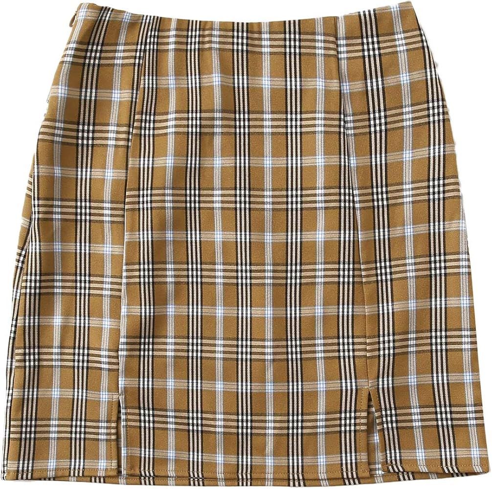 WDIRARA Women's Plaid Skirt High Waist Split Front Zip Up Mini Bodycon Skirt | Amazon (US)