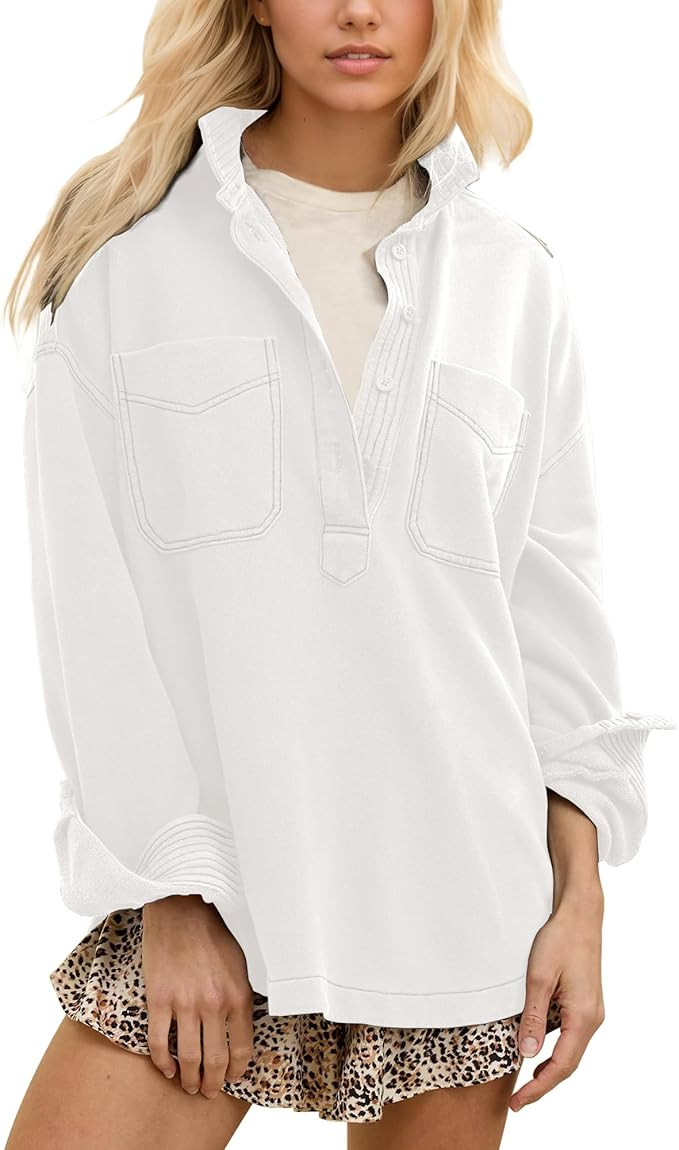 Locachy Women's Casual Oversized Polo Sweatshirt Lapel Long Sleeve Button Pullover Tops Fashion O... | Amazon (US)
