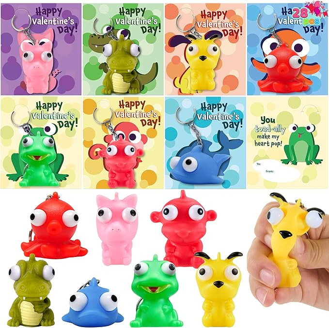 JOYIN 28 Packs Valentine's Day Gift Cards with Popping Eyes Animal Keychains for Kids Party Favor... | Amazon (US)