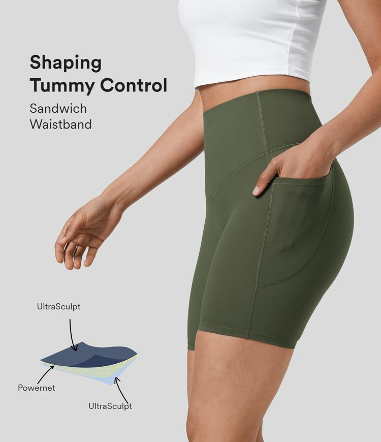 SoCinched High Waisted Tummy Control Side Pocket Shaping Training Biker Shorts 7'' | HALARA