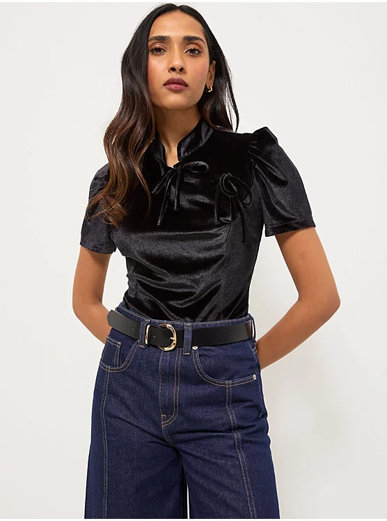 Black Puff Shoulder Asymmetric Tie Neck Velvet Top | George