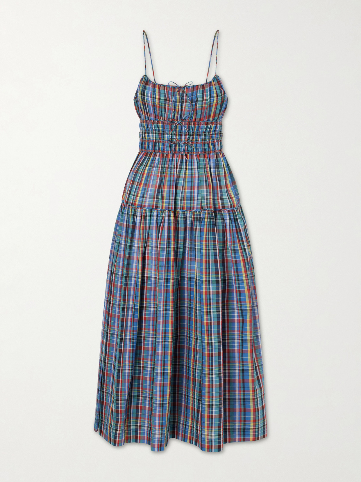 DÔEN - Brielle Gathered Checked Organic Cotton Midi Dress - Blue | NET-A-PORTER (US)