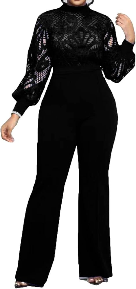 Women's Long Sleeve Lace Jumpsuit Patchwork Outfits Wide Leg Pants One Piece Rompers High Waist J... | Amazon (US)