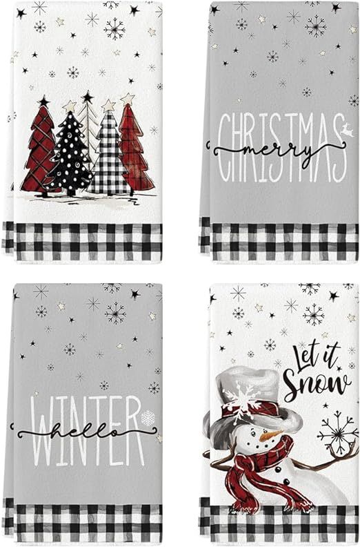 Artoid Mode Black White Buffalo Plaid Snowman Xmas Trees Christmas Kitchen Towels Dish Towels, 18... | Amazon (US)