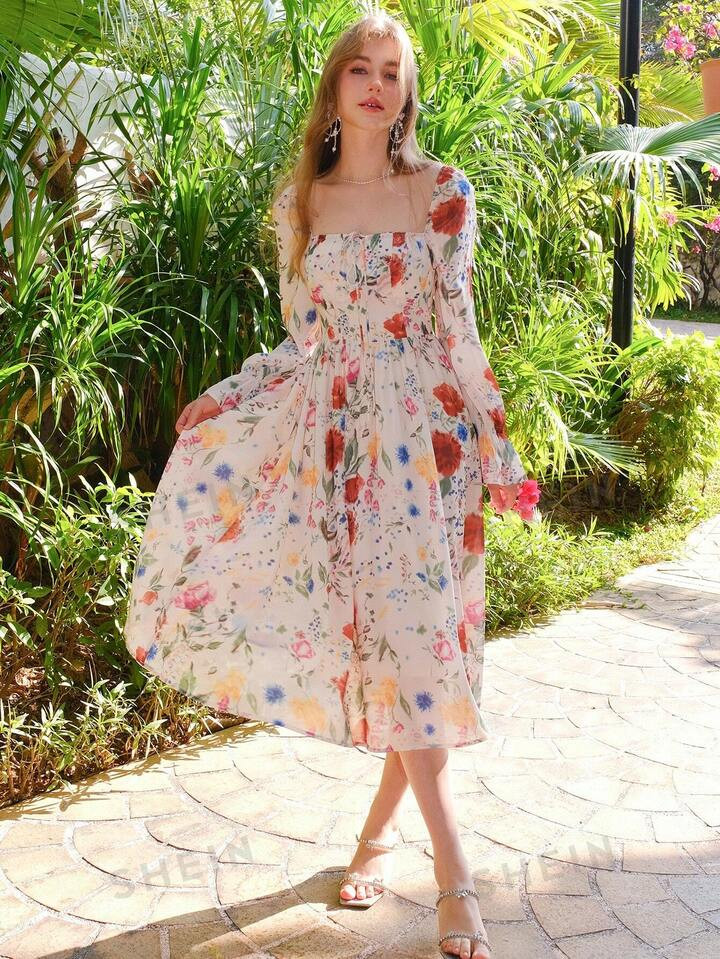 Long Sleeve Floral Print Square Neckline Dress | SHEIN