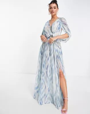 ASOS DESIGN blouson maxi dress with chain strapping detail in blue floral print | ASOS | ASOS (Global)