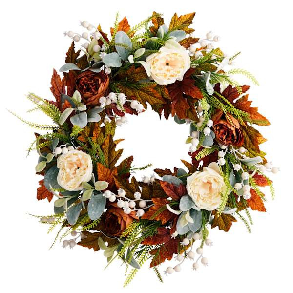 Maple Leaves With Eucalyptus Peony Wreath, 24", Orange, Polyester, sold by At Home | At Home