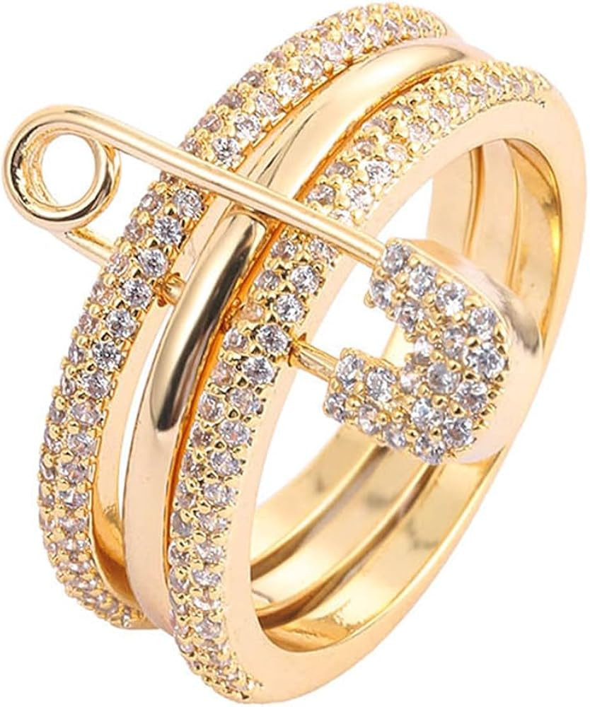 Safety Pin Cubic Zirconia Ring for Women, 14K Gold/Silver/Rose Gold Plated Stacked Statement Ring... | Amazon (US)
