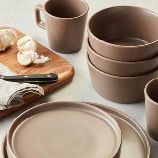 STONE LAIN 16-Piece Round Dishes for 4, Brown Speckled Celina Stoneware Dish Set, Brown Matte | The Home Depot
