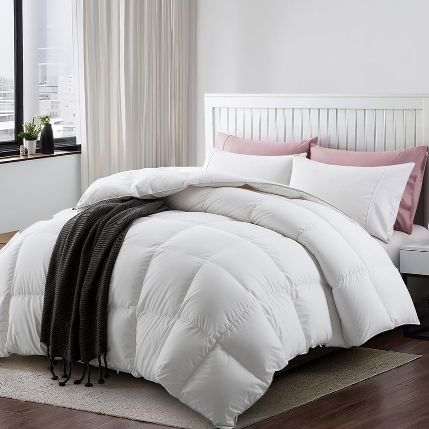Feather Down Comforter King Size, All-Season Fluffy Duvet Insert, Ultra-Soft Egyptian Cotton-Blend Fabric, Hotel Luxury Feather Down Fibers Duvet with Ties (106x90 Inches, White) | Amazon (US)