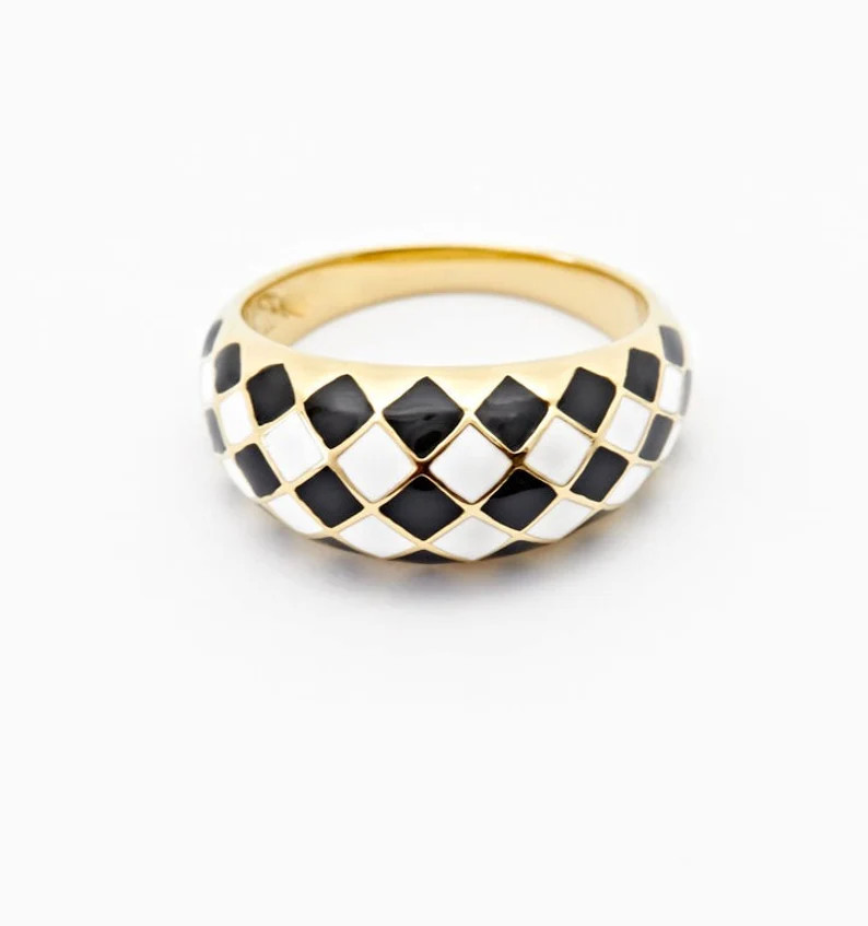 10K Solid Gold Black and White Checkerboard Dome Band Dainty Enamel Boho Everyday Statement Ring ... | Etsy (US)