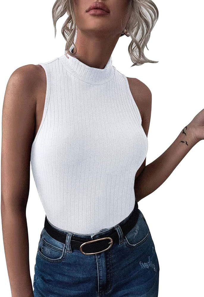 PINKMSTYLE Women's Mock Neck Tank Tops Slim Fit Ribbed Knit Sleeveless T Shirt Basic Blouse Tops | Amazon (US)