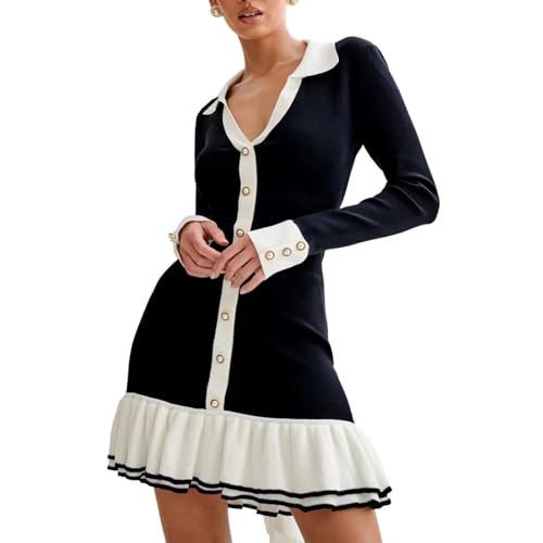 Sheface Women's Long Sleeve Ruffle Hem Knit Sweater Dress Collared Back Tie Knot Cut Out Mini Bodycon Dress Black | Amazon (US)