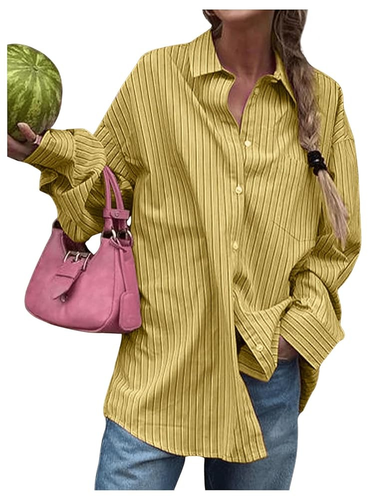 SOLY HUX Women's Button Down Striped Shirts Long Sleeve Oversized Tops Drop Shoulder Collared Blo... | Amazon (US)