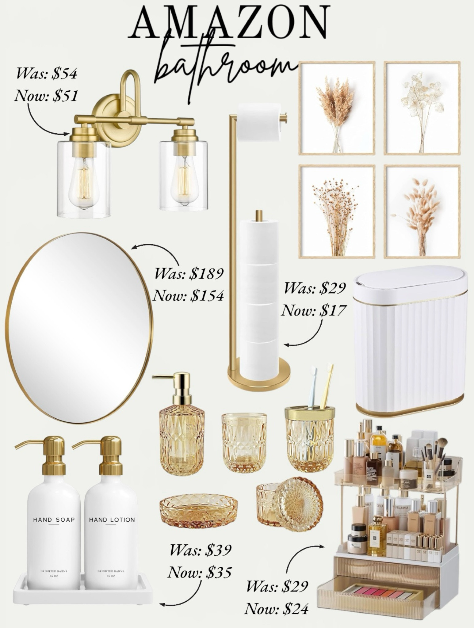 Amazon bathroom essentials 🫶🏼

Brass gold mirror, soap dispenser, bathroom accessories, bathroom organization, wall art, wall decor, motion sensor trashcan, light fixture, toilet paper roll holder, luxury bathroomm

#LTKFindsUnder100 #LTKStyleTip #LTKHome