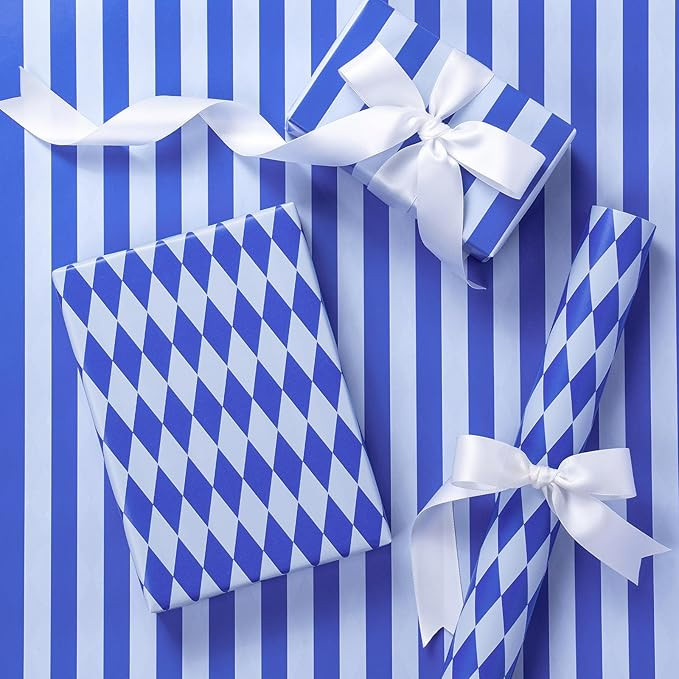 RUSPEPA Reversible Wrapping Paper Roll, Mini Roll, Blue and White Stripes and Diamond Pattern Gif... | Amazon (US)