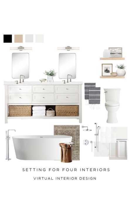 Neutral Bathroom Design ideas.
Tub, vanity, lighting, shower fixtures, tile, toilet, floating shelves, decor, faucet, mirror, rug 

Modern organic, transitional , farmhouse, neutral, natural, black, white

#LTKhome #LTKunder50 #LTKFind