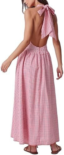 Kedera Women's Gingham Halter Maxi Dress Christmas Plaid Holiday Red Bow Tie Backless Sleeveless ... | Amazon (US)
