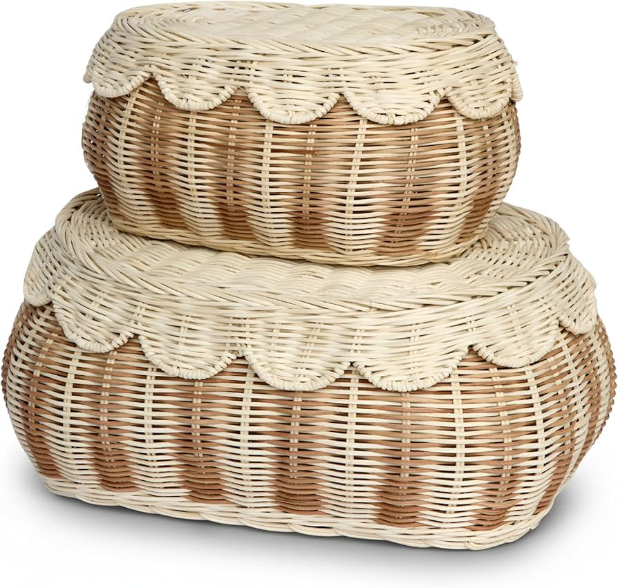 BEBE BASK The Original Scalloped Basket with Lid \u2013 Set of 2 (15 x 11 x 6 in) \u2013 Hand-Wov... | Amazon (US)