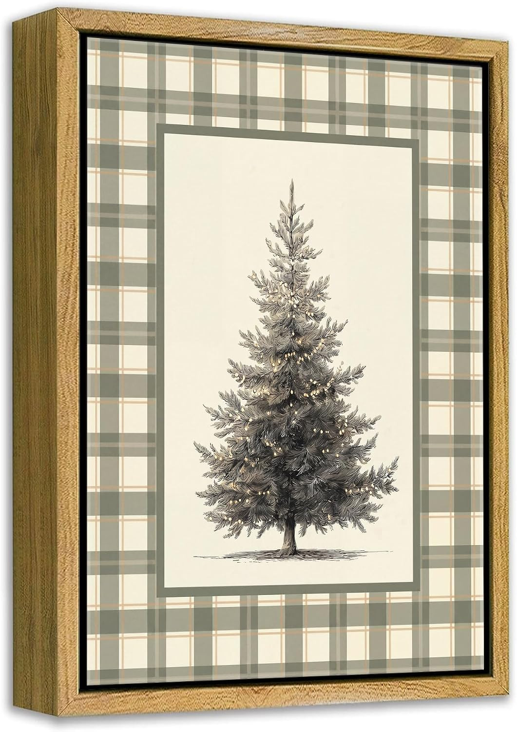 Framed Gingham Christmas Tree Wall Art Neutral Cottagecore Holiday Decor | Amazon (US)
