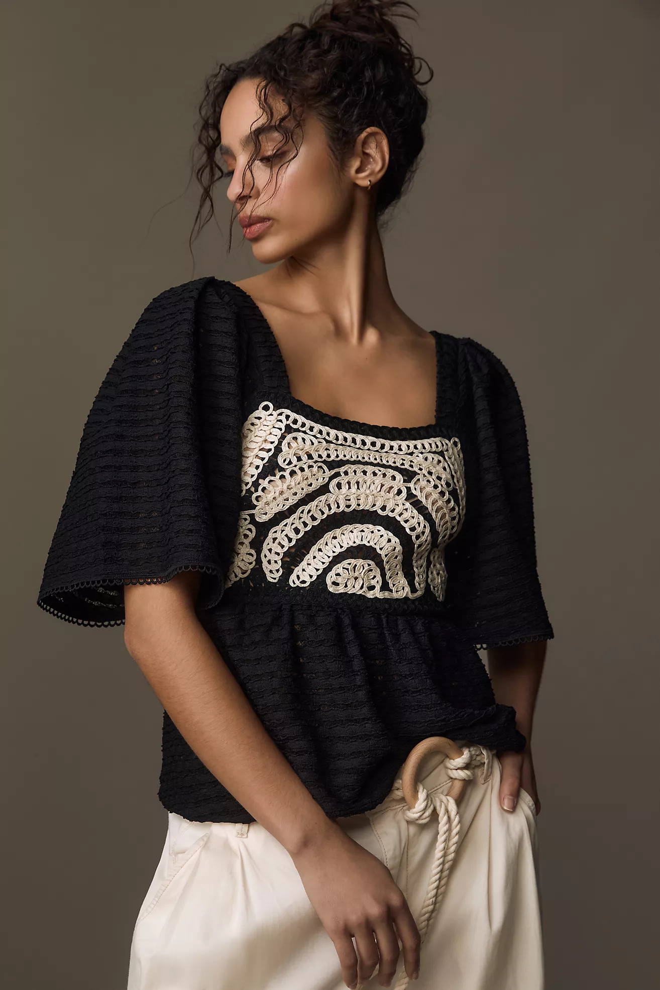 Sarah Hann Flutter-Sleeve Crochet Top | Anthropologie (US)