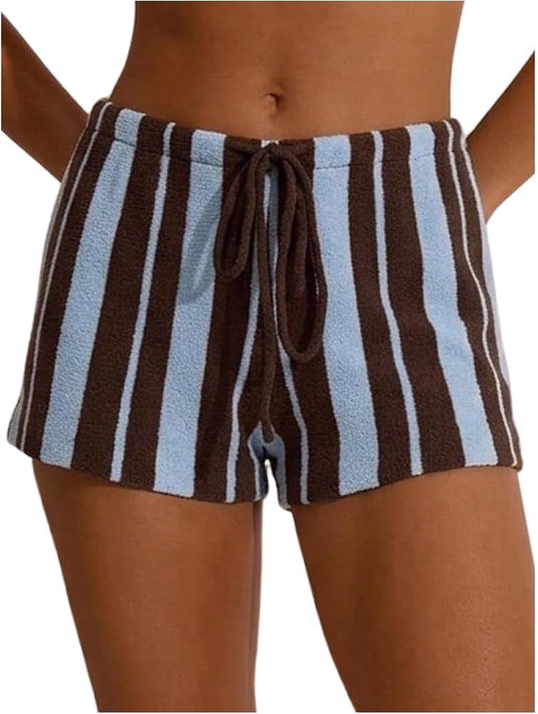 RoseSeek Women's Striped Towelling Mini Shorts Mid Rise Drawstring Waisted Baggy Shorts Summer Be... | Amazon (US)