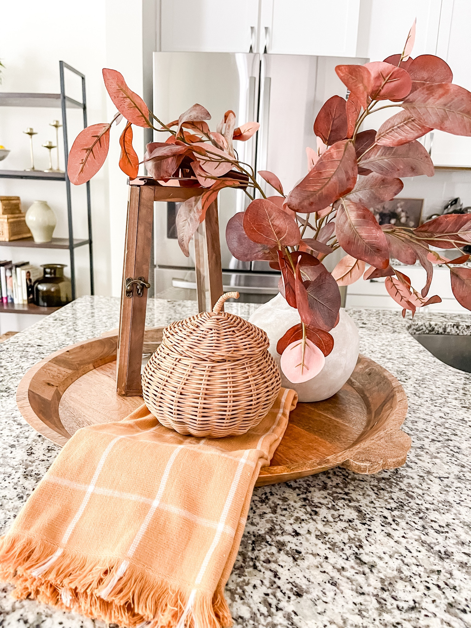 Fall kitchen centerpiece 🤎🍂 round tray, lantern, fall floral, pumpkin with lid 

#LTKSeasonal #LTKhome #LTKunder50