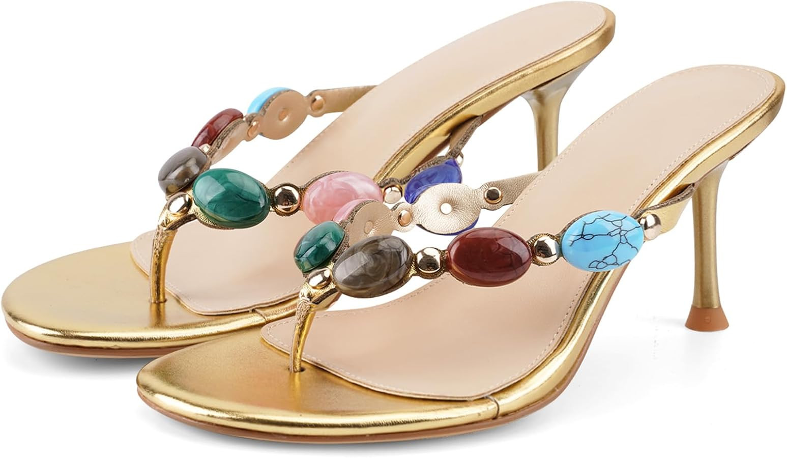 VOZTOLLS Flip Flop Heels for Women Thong Heels Round Open Toe Jeweled Sandals Summer Heeled Mules... | Amazon (CA)