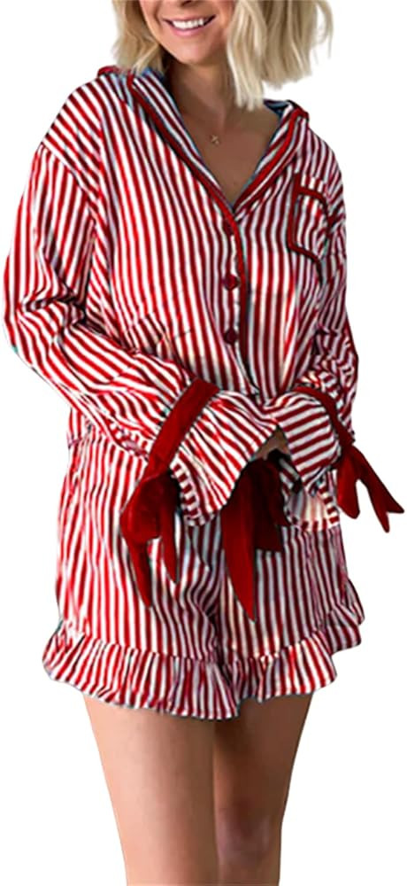 Thopavenoir Women Cute Christmas Pajamas Set 2 Piece Matching Set Bow Tie Long Sleeve Cartoon Shi... | Amazon (US)