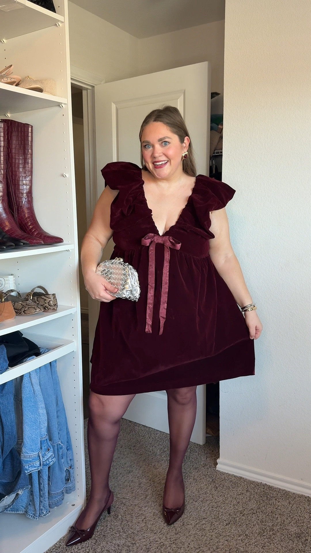 Holiday party dress idea wearing 1x in dress 16-18 in tights. Affordable accessories and found my heels over 70% off!! They’re super comfy. Go up a half size for the pointed toe  

#LTKPlusSize #LTKFindsUnder50 #LTKHoliday