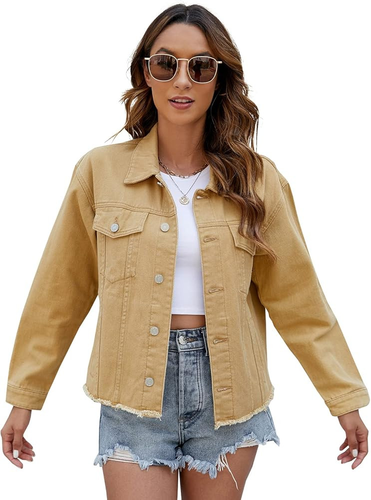 LONGBIDA Women's Jean Jacket Frayed Washed Button Up Cropped Denim Jacket With Pockets | Amazon (US)