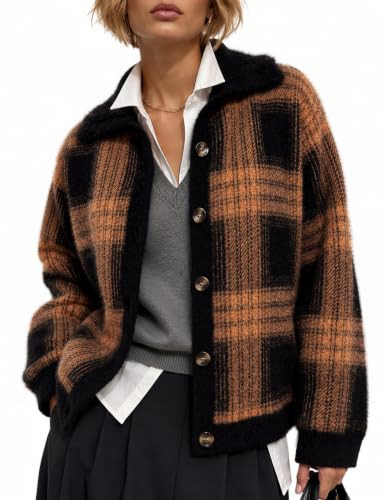 CiCiBird Womens Plaid Sweater Jacket Chunky Knit Cardigan Brown M | Amazon (US)
