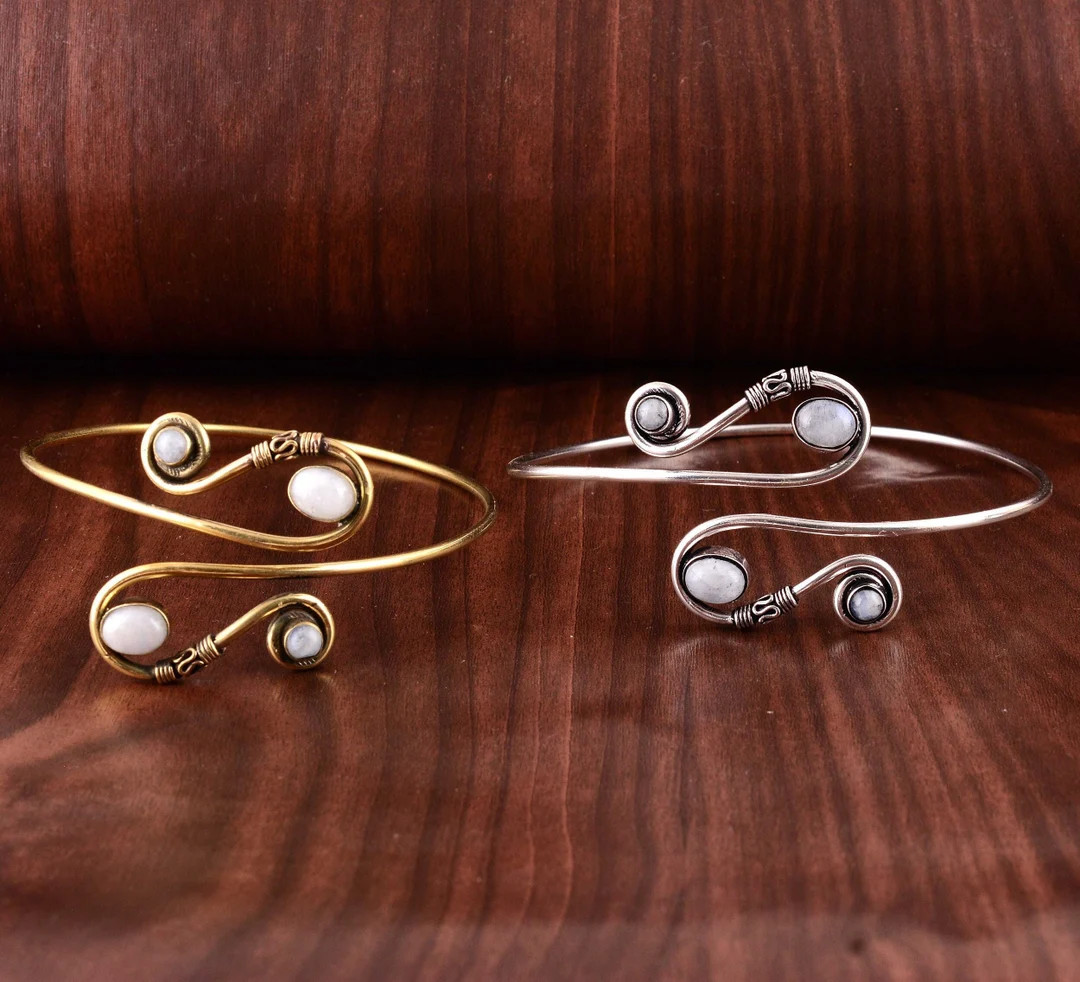 Gold/silver Moonstone Swirl Arm Cuff Arm Band Upper Arm Band Brass Tribal Gemstone Crystal Bohemi... | Etsy (US)