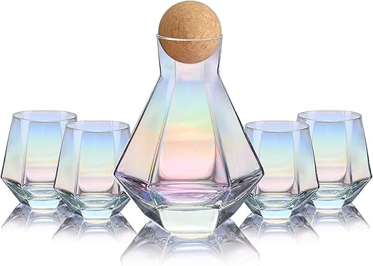 CUKBLESS Wine Decanter, Wine Glasses Set of 4, Diamond Iridescent Wine Carafe With Cork Ball Stop... | Amazon (US)