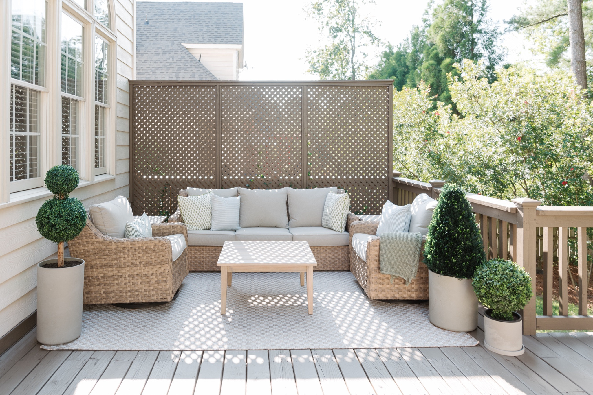 Our deck furniture and accessories. These are all durable, comfortable and affordable! The furniture set is from the Better Home & Gardens line at Walmart. The pillows and waterproof pillow covers are from Amazon and the coffee table and side tables are from Wayfair. I love how it all turned out.

#LTKSeasonal #LTKFamily #LTKStyleTip