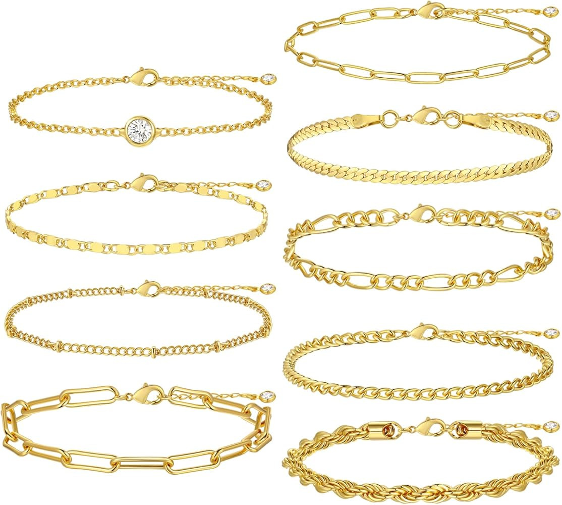 Gold Bracelets Set for Women Trendy, 14K Real Gold Plated Jewelry for Women Dainty Chain Bracelet... | Amazon (US)