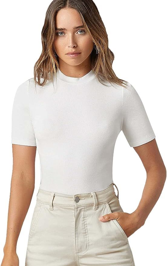 Floerns Women's Basic Mock Neck Short Sleeve Solid Rib Knit Tops Tee Shirts | Amazon (US)