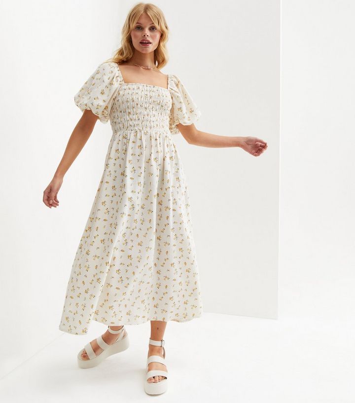 White Ditsy Floral Linen-Look Shirred Midi Dress
						
						Add to Saved Items
						Remove fro... | New Look (UK)