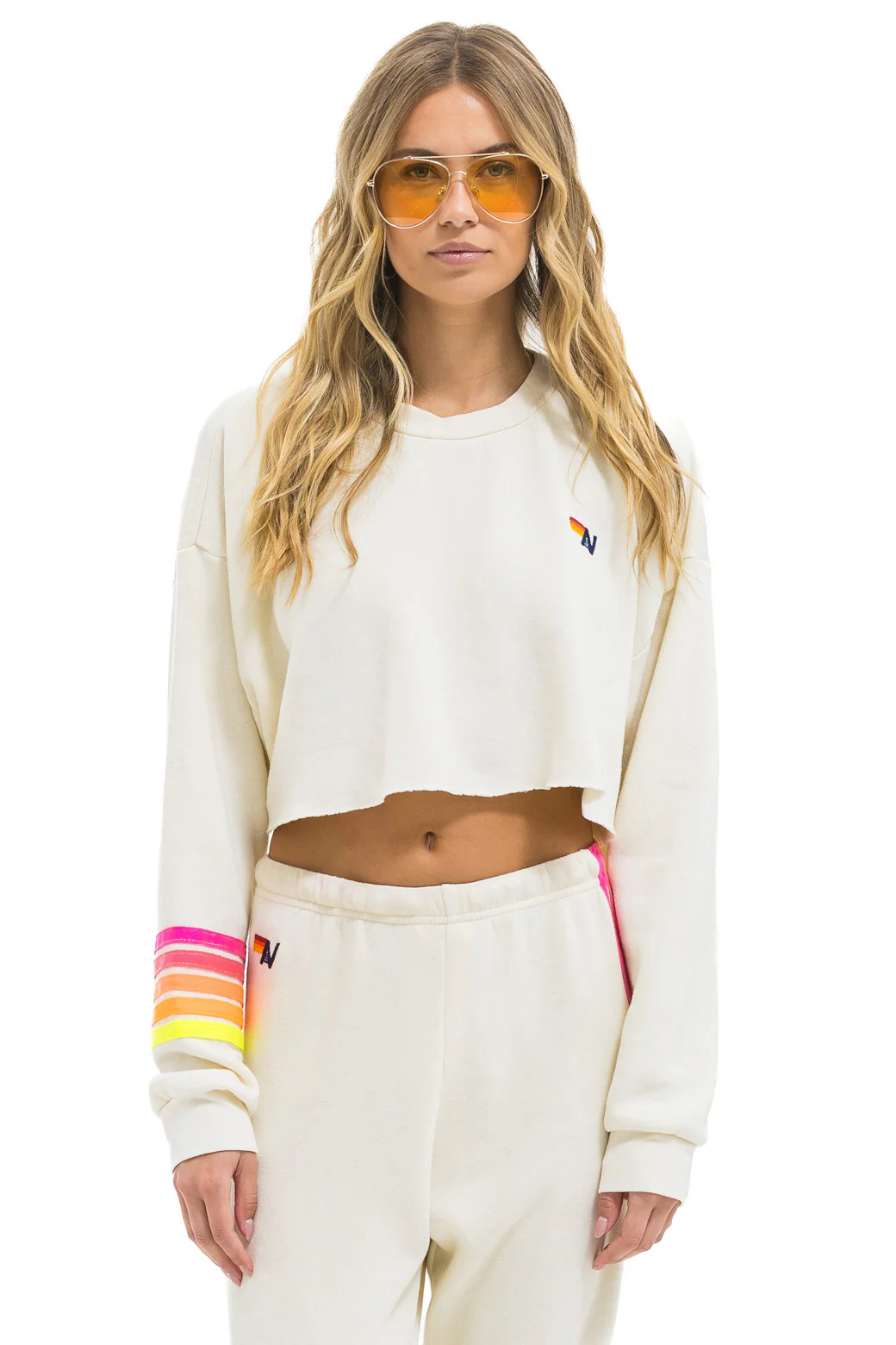 RUGBY STITCH CROPPED CREW SWEATSHIRT RELAXED - VINTAGE WHITE // NEON | Aviator Nation