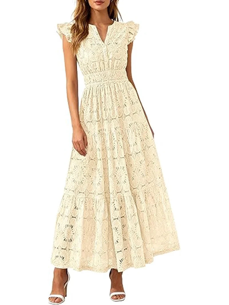 PRETTYGARDEN Womens Boho Maxi Dresses Summer Floral Lace Eyelet V Neck Spring Wedding Guest Dress... | Walmart (US)