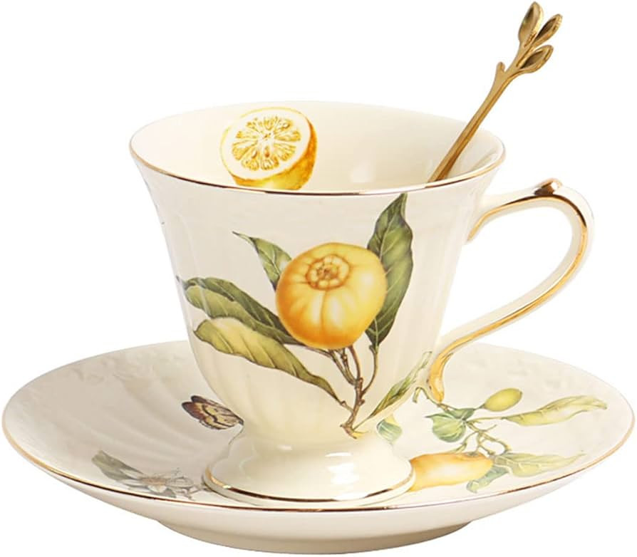 Sizikato Porcelain Cup and Saucer Set with Golden Spoon, 6oz Tea Cup Coffee Mug, Cute Lemon Patte... | Amazon (US)