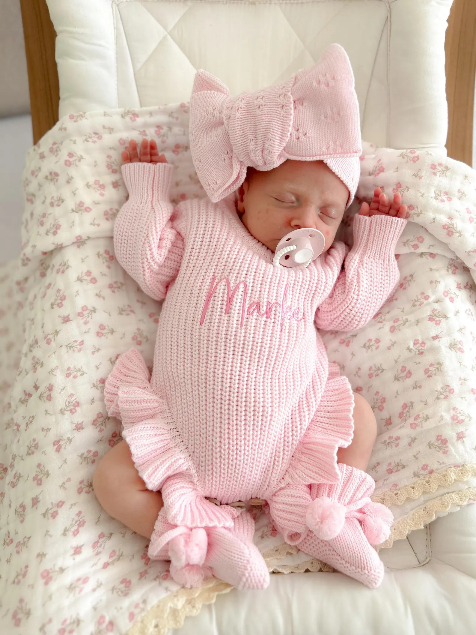 Pink knit frill leg newborn announcement romper | Etsy (US)